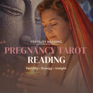 May include: A woman with closed eyes holds a lit candle, wearing a red head covering. The image includes text that reads "Pregnancy Tarot Reading" and "Fertility, Energy, Insight". A large stone Buddha statue is in the background.