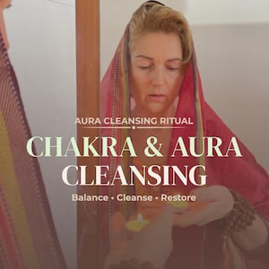 May include: A woman wearing a red head covering holds a lit candle. The image features the text "Chakra & Aura Cleansing" and "Balance • Cleanse • Restore." The image also includes the text "Same Day PDF."