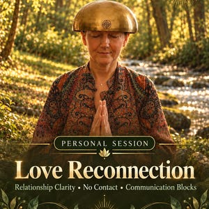 May include: A person with a gold singing bowl on their head, wearing a patterned shirt with hands in prayer. Text reads: SAME DAY PDF, PERSONAL SESSION, Love Reconnection, Relationship Clarity, No Contact, Communication Blocks.