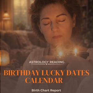 Könnte beinhalten: Das Bild zeigt eine Frau mit geschlossenen Augen, die von Kerzenlicht beleuchtet wird. Der Text überlagert "Astrology Reading" und "Birthday Lucky Dates Calendar". Die Worte "Birth Chart Report" sind ebenfalls sichtbar. Das Bild hat eine warme Farbpalette.