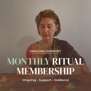 May include: An image featuring a woman with short hair, seated in front of a table with candles. The text "MONTHLY RITUAL MEMBERSHIP" is prominently displayed, along with "Ongoing • Support • Guidance". A small banner reads "SAME DAY PDF".