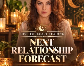 May include: A digital graphic for a Love Forecast Reading featuring the text NEXT RELATIONSHIP FORECAST, Timing, Clarity, What's Next, and a PDF icon. The image shows a person with long brown hair wearing a white top and gold necklace.