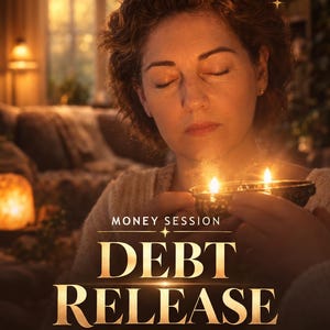 May include: A digital graphic featuring the text SAME DAY PDF, MONEY SESSION, DEBT RELEASE, and Relief • Stability • Reset. The image shows a person with eyes closed holding a small, dark, glowing bowl with two lit flames.