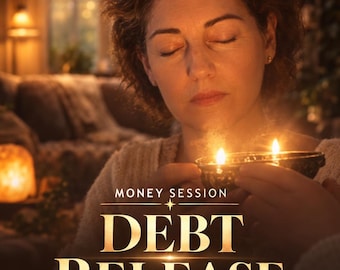 Op de afbeelding: Een digitale afbeelding met de tekst SAME DAY PDF, MONEY SESSION, DEBT RELEASE en Relief • Stability • Reset. De afbeelding toont een persoon met gesloten ogen die een kleine, donkere, gloeiende kom met twee vlammen vasthoudt.