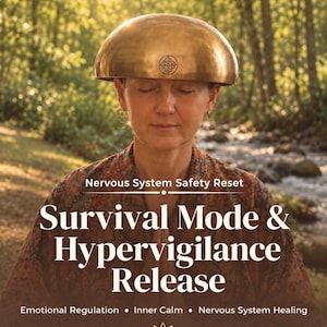 May include: A brass singing bowl rests on a head, with text reading: SAME DAY PDF, Nervous System Safety Reset, Survival Mode & Hypervigilance Release, Emotional Regulation, Inner Calm, Nervous System Healing, and a lotus flower icon.