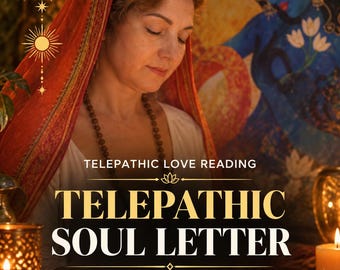May include: A digital service listing titled Telepathic Love Reading and Telepathic Soul Letter, featuring text about messages, feelings, and unsaid words. The image shows a person with a red head covering, prayer beads, and candles.