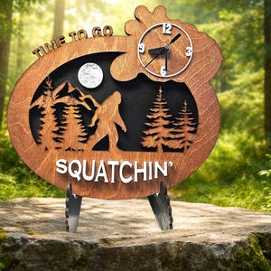 Sasquatch Bigfoot Time To Go Squatchin Tabletop Birch Wood Clock with Easel Stand