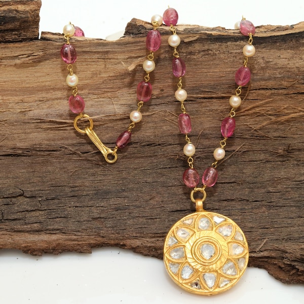Mughal Style Pendant Polki Diamond Pendant Tourmaline Pearl Necklace 22k Gold Jewelry Indian Jadau Kundan Traditional Jewelry Gift For her
