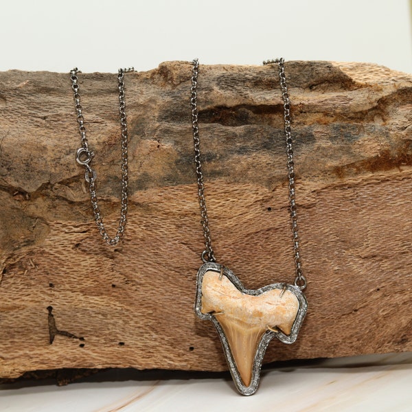 Shark Tooth Design Pendant, Pave Diamond Pendant, Silver chain, Antique Style Handmade Pendant, 925 Sterling silver Pendant, Gift For Her