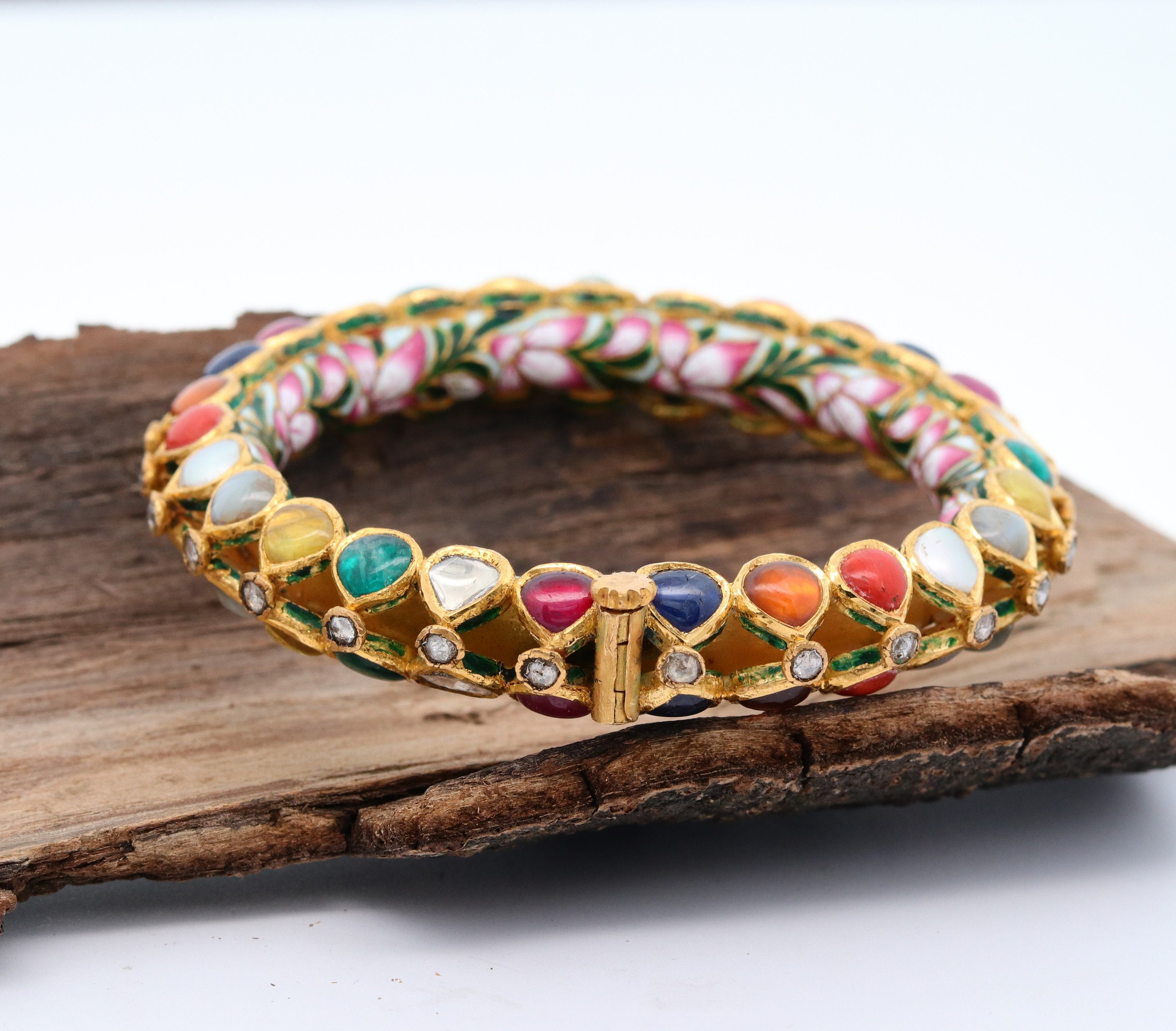 Mughal Style Navratna Bangle Handmade Traditional Bangle 22k Gold Multi color Stone Bangle Openable Bangle Antique Style Antique Lock Bangle