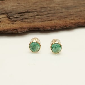 Natural Emerald Stud Earrings, 18k Yellow Gold, Round Cabochon Emerald Studs, Minimalist Jewelry, Solid Gold Earring, May Birthstone Jewelry