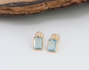 Faceted Aquamarine Studs, Diamond Earring, 18K Yellow Gold Earring, March Birthstone Earring, Minimalist Jewelry, Gift for mom, Gift for her