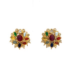 Handmade 22K Gold Navratna Gemstone Earrings: Polki Diamond Lotus