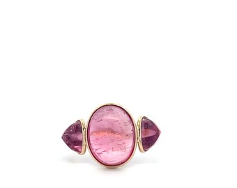 18k Yellow Gold Natural Pink Tourmaline Cabochon Triangle Gemstone Ring Fine Jewelry Minimalist Ring Handmade Jewelry Ring Gift For Her