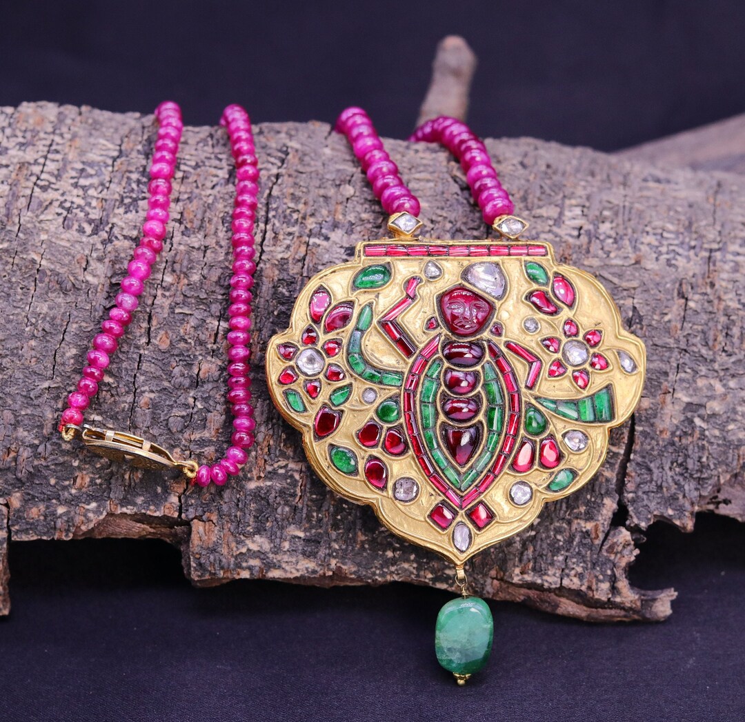 Lord Krishna Diamond Pendant, 22K Gold Emerald Ruby Diamond Pendant