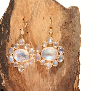 18K Gold Moonstone and Diamond Dangling Earring, Natural Moonstone Earrings, Handmade Solid Gold Bezel Earrings, Moonstone Gift for Her