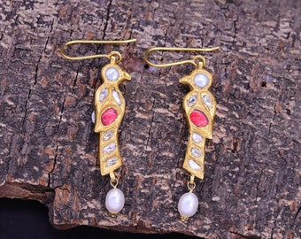 Bird Design Pearl Earrings in 22k Gold with Ear wires Mughal Style Earrings Vintage Jewelry Polki Ruby Earrings Gift For Her