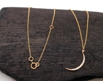 14k Gold Chain Necklace with Diamond Moon Pendant Jewelry Dainty Necklace Minimal Necklace Handmade Crescent Pave diamond Pendant Solid Gold