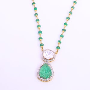 Emerald & Polki Diamond 18k Gold Pendant with Emerald Necklace