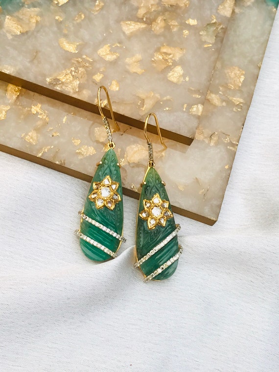 Emerald Leaf 14K Solid Gold Earrings  Saruchi R Jewellery