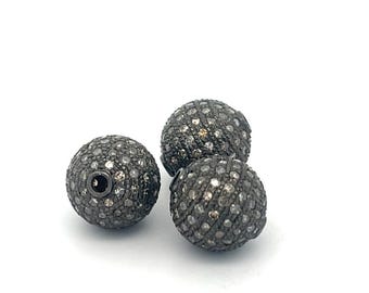 12mm Handmade Pave Diamond Bead, 925 Sterling Silver, Oxidized Ball