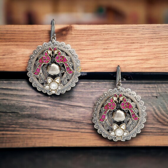 Pink Kemp Stone Earrings Oxidised Silver Earrings Ethnic Jewelry