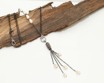 Pearl Lariat Necklace, Pave Diamond Sterling Silver Long Chain