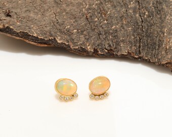 Ethiopian Opal Earrings, Diamond Studs, 18K Gold Earring, Minimalist Earrings, October Birthstone Gift, Anniversary Gift, Gift for Her