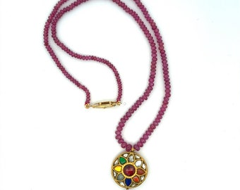 22k Yellow Gold Navratna Gemstone Pendant, Ruby Beads String, Polki Diamond Pendant, Ruby Gemstone Drop, Nine Planets Pendant Gift for Her