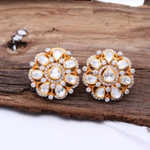 Pendientes de flor de moissanita: pendientes de plata de ley estilo polki kundan victoriano