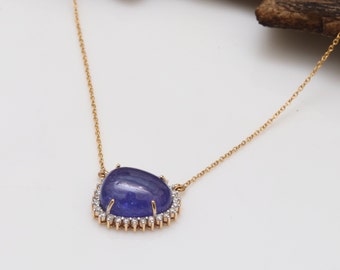 14K Goldkette Tansanit Diamant Halskette Anhänger, Minimalist Schmuck, Zierliche Halskette, Schmuck für jeden Tag, Tansanit Anhänger, Geschenk für Sie