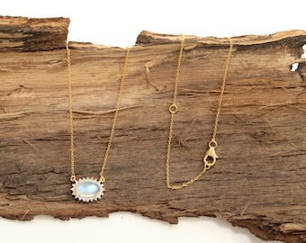 14K Gold Moonstone Diamond Pendant Gold Chain Necklace Moonstone Jewelry Dainty Necklace Adjustable Chain Minimal Necklace June Birthstone