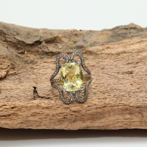 Yellow Citrine Ring, Pave Diamond Ring,925 Sterling Silver Ring, Handmade Ring, Big Stone Ring, Faceted Gemstone Ring, Natural Gemstone Ring