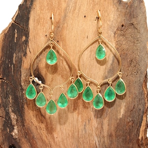 18K Gold Emerald Drop Earrings: Handmade Bezel Setting