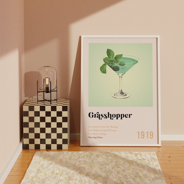 Grasshopper Cocktail Print | Retro Digital Art | Vintage Style | Bar Cart Decor | 70s Seventies | Mid Century Modern | Wall Decor