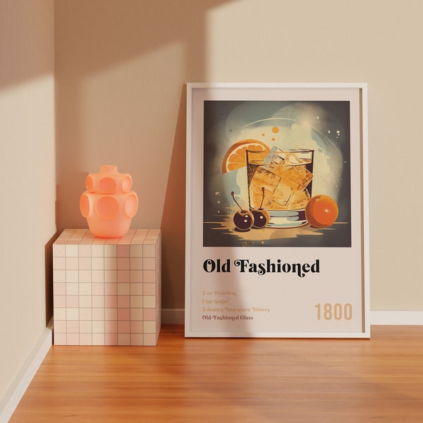 Old Fashioned Cocktail Print | Retro Digital Art | Vintage Style | Bar Cart Decor | 70s Seventies | Mid Century Modern | Wall Decor