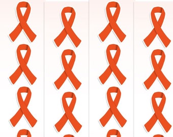 Os adesivos de fita laranja apoiam a causa com uma fita laranja para conscientização sobre desnutrição, esclerose múltipla, síndrome da dor, câncer renal e leucemia.