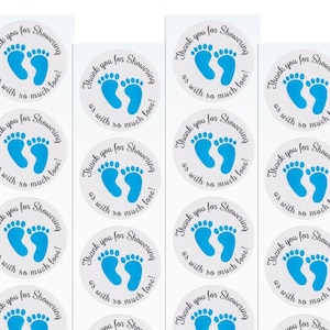 Stickers de remerciement pour baby shower, pieds bleus 1,5 po de large, mots de remerciement pour baby shower, cartes, cadeaux, cadeaux baby shower, garçons, bleu
