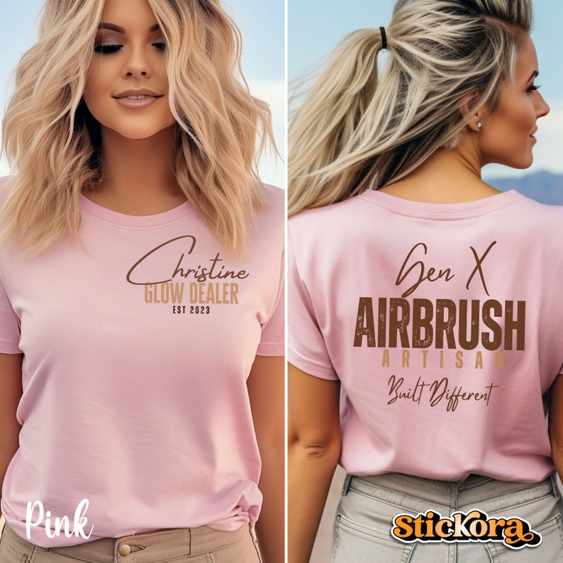 May include: Pink t-shirt with the text "Christine Glow Dealer Est 2023" on the front and "Gen X Airbrush Artisan Built Different" on the back.