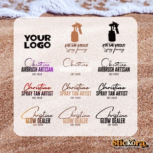 May include: A set of nine logos for a business called Christine. The logos feature a spray tan gun and the text "Ask Me About Spray Tanning". The logos also include the text "Christine" and the business name, such as "Airbrush Artisan", "Spray Tan Artist", and "Glow Dealer".