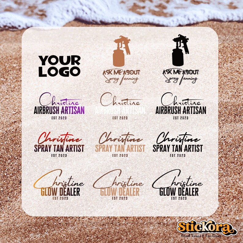 May include: A set of nine logos for a business called Christine. The logos feature a spray tan gun and the text "Ask Me About Spray Tanning". The logos also include the text "Christine" and the business name, such as "Airbrush Artisan", "Spray Tan Artist", and "Glow Dealer".