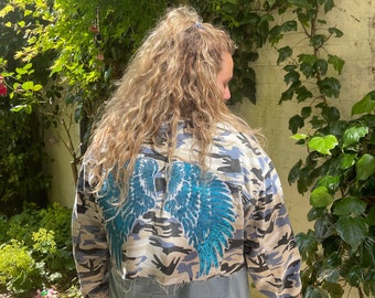 Mary camo Jacket | Upcycled camo jacket | army jacket | upcycled jacket | sequin patch jacket | reworked jacket | unique jacket | bespoke