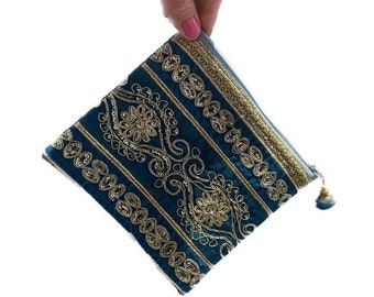 Gigi pouch - BLUE - cosmetic pouch | small pouch | Indian purse | embroidered purse | zipper pouch | embroidered pouch | Indian pouch