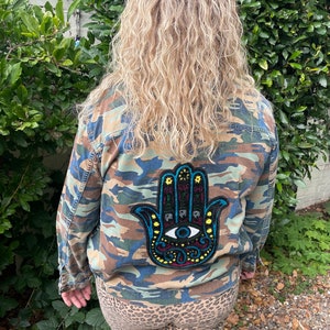 Mary camo Jacket | Upcycled camo jacket | army jacket | upcycled jacket | sequin patch jacket | reworked jacket | unique jacket | bespoke