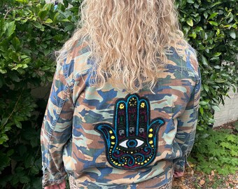 Mary camo Jacket | Upcycled camo jacket | army jacket | upcycled jacket | sequin patch jacket | reworked jacket | unique jacket | bespoke