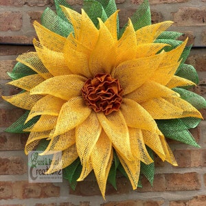 Yellow flower wreath with orange center, poly burlap wreath, made to order wreath, front door wreath, wall decor, summer wreath, custom made