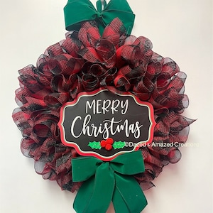 Red and black buffalo plaid Christmas wreath with evergreen decor, buffalo check wreath, front door wreath, farmhouse Christmas wreath