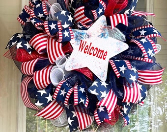 Large Patriotic welcome wreath, red white and blue front door wreath, Memorial Day wreath, Independence Day wreath, 4th of July wreath