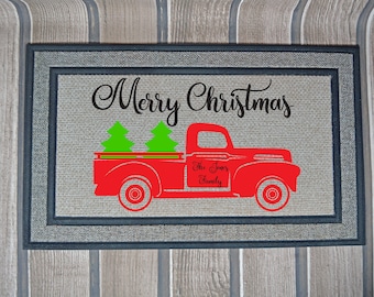 Red Truck, Christmas Mat Welcome Mat, Housewarming Gift, Custom Door Mat, Couple Gift, Wedding Gift, New Home Gift, Personalized Door Mat,