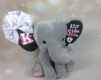 Elephant, Birth Announcement, Customized Elephant, Baby Elephant, Elephant Plush, Baby Keepsake, First Birthday Gift, Baby Shower Gift